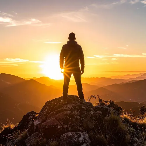 Pessoa contemplando paisagem de montanha ao pôr do sol